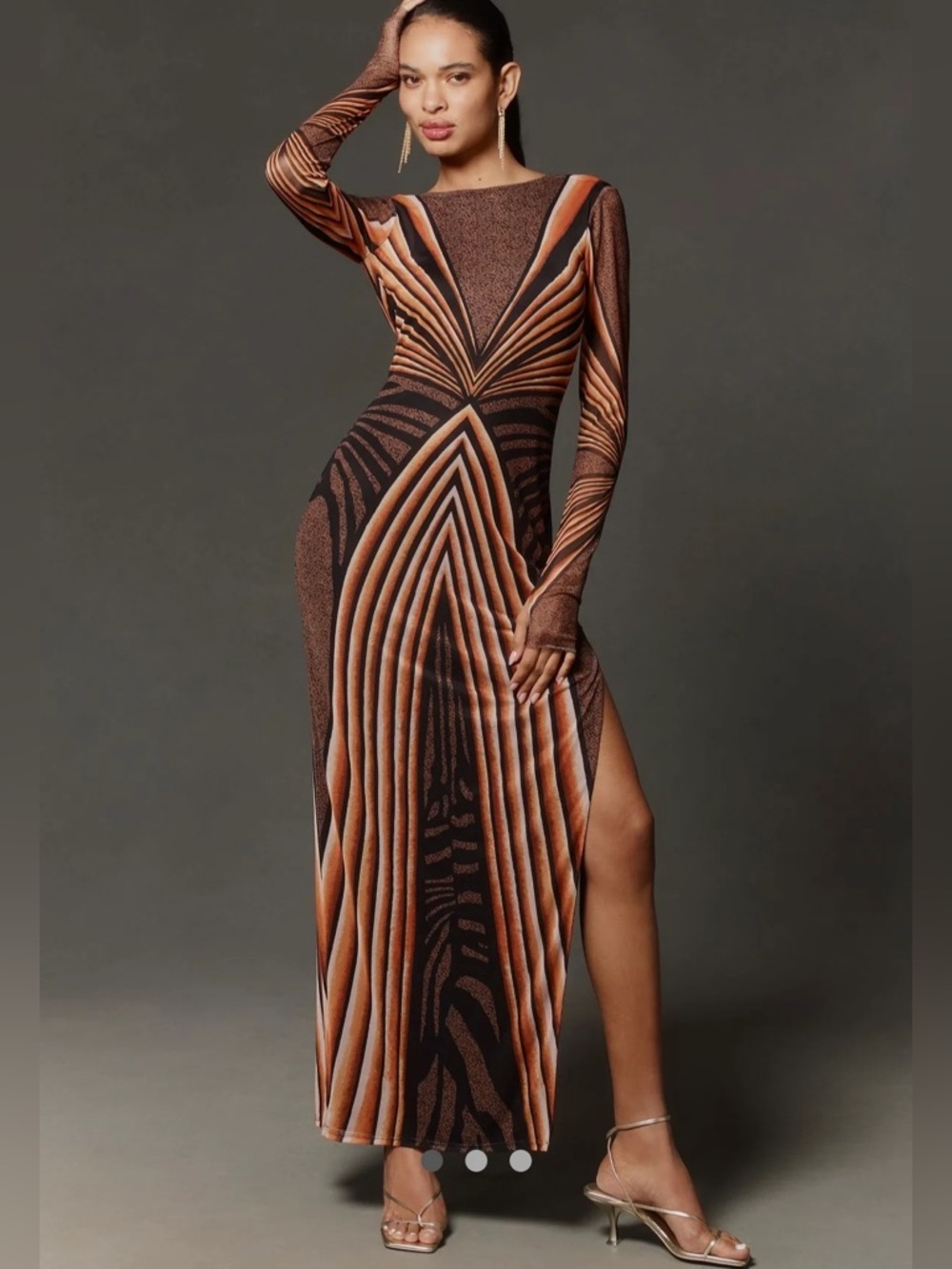 AFRM Brown & Tan Long Sleeve Patterned Maxi Dress S